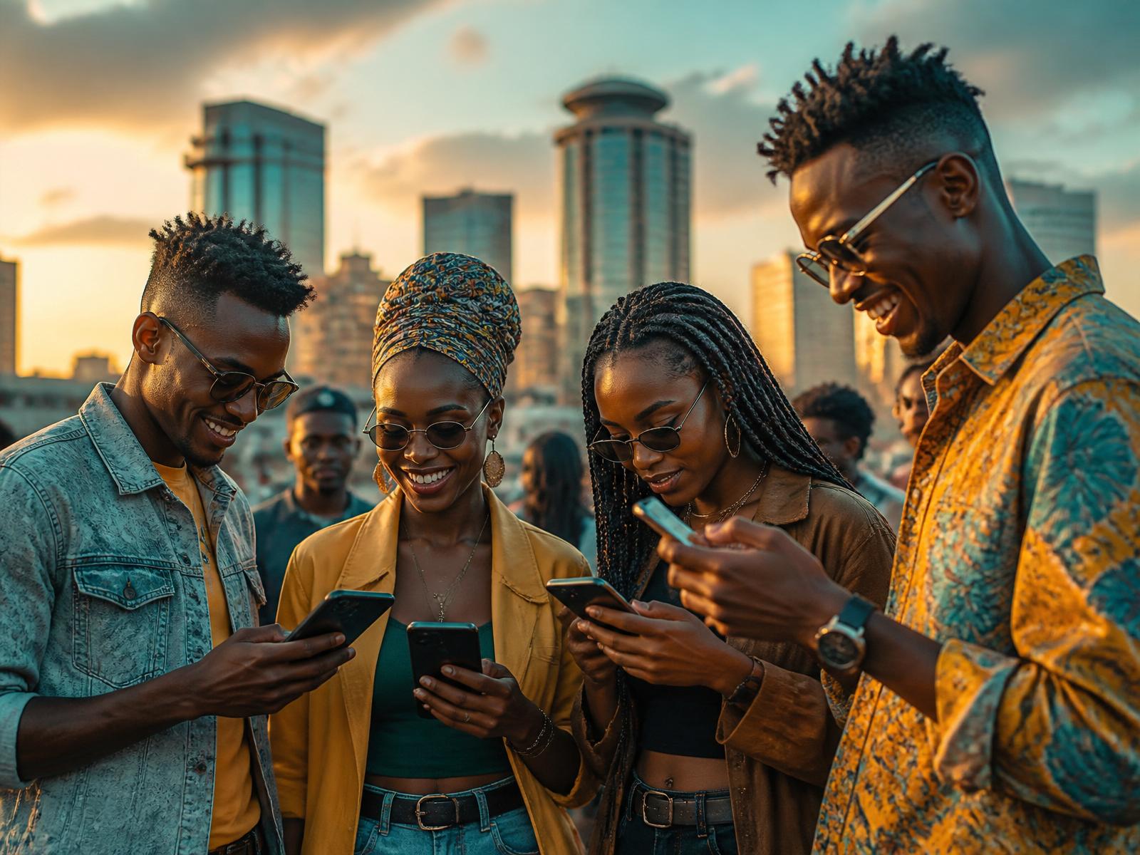 Kenyan community members reviewing a survey on a mobile phone